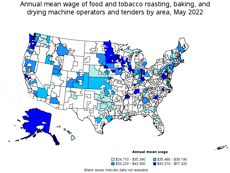Map of annual mean wages of food and tobacco roasting, baking, and drying machine operators and tenders by area, May 2022