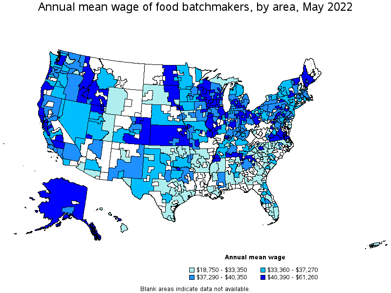 Map of annual mean wages of food batchmakers by area, May 2022