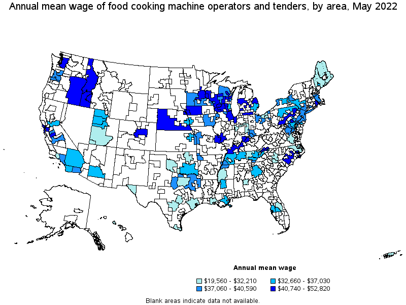 Map of annual mean wages of food cooking machine operators and tenders by area, May 2022