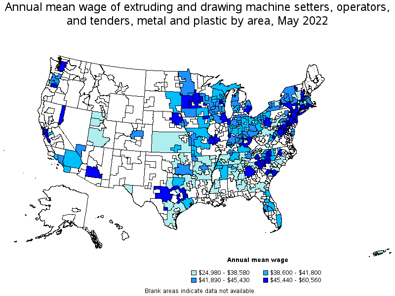 Map of annual mean wages of extruding and drawing machine setters, operators, and tenders, metal and plastic by area, May 2022
