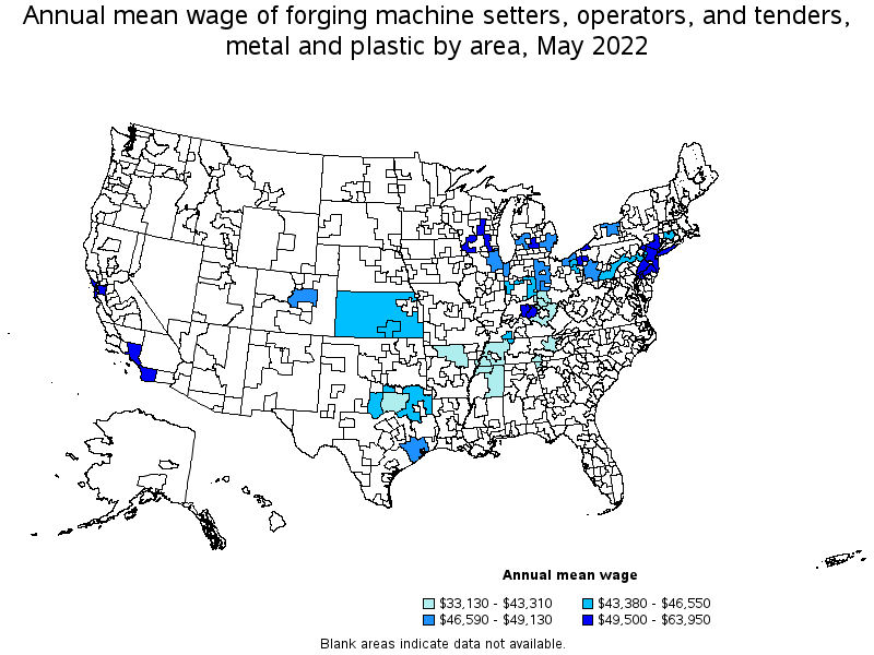 Map of annual mean wages of forging machine setters, operators, and tenders, metal and plastic by area, May 2022