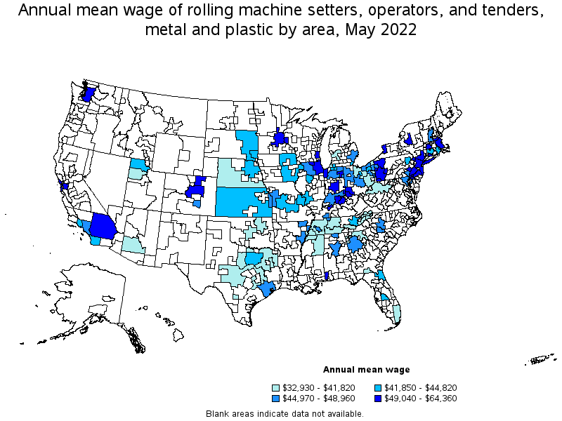 Map of annual mean wages of rolling machine setters, operators, and tenders, metal and plastic by area, May 2022