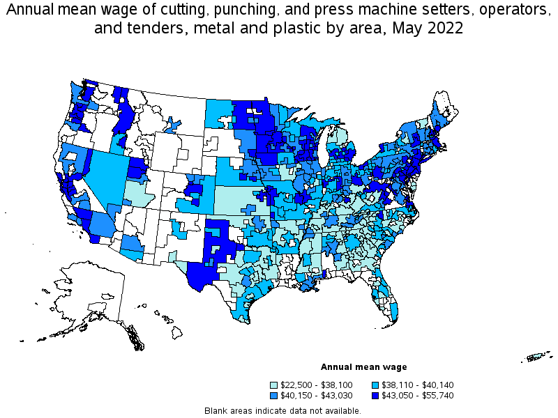 Map of annual mean wages of cutting, punching, and press machine setters, operators, and tenders, metal and plastic by area, May 2022