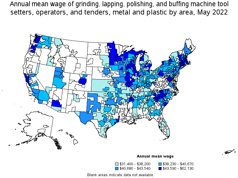Map of annual mean wages of grinding, lapping, polishing, and buffing machine tool setters, operators, and tenders, metal and plastic by area, May 2022