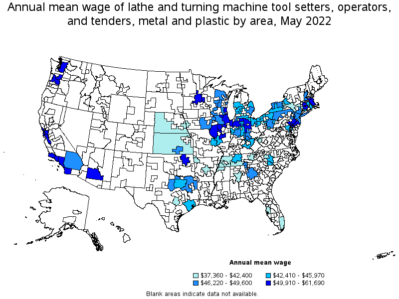 Map of annual mean wages of lathe and turning machine tool setters, operators, and tenders, metal and plastic by area, May 2022