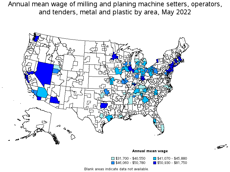 Map of annual mean wages of milling and planing machine setters, operators, and tenders, metal and plastic by area, May 2022