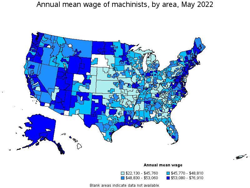 Map of annual mean wages of machinists by area, May 2022