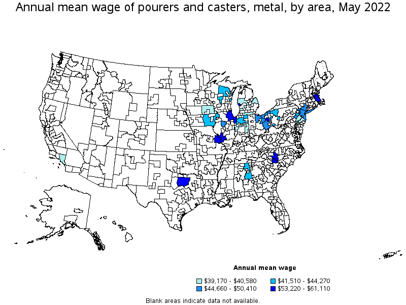 Map of annual mean wages of pourers and casters, metal by area, May 2022