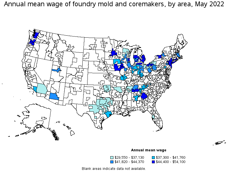 Map of annual mean wages of foundry mold and coremakers by area, May 2022