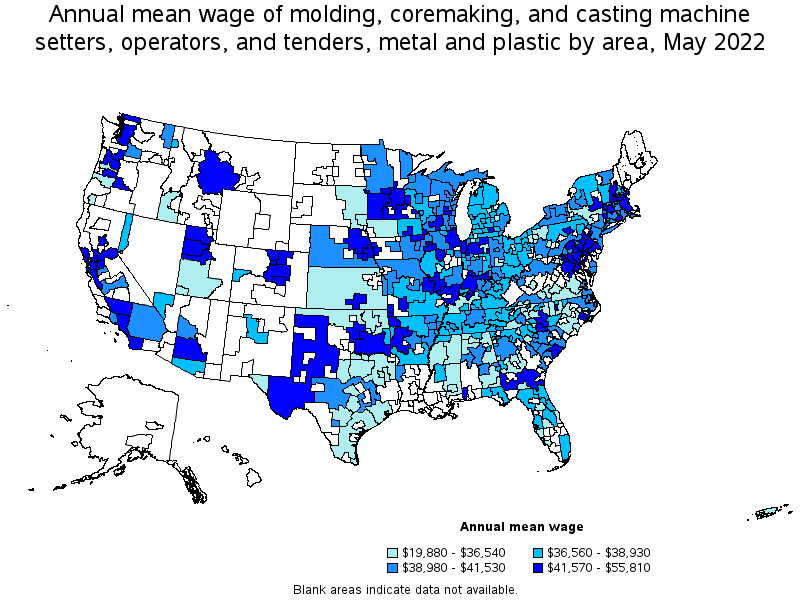 Map of annual mean wages of molding, coremaking, and casting machine setters, operators, and tenders, metal and plastic by area, May 2022