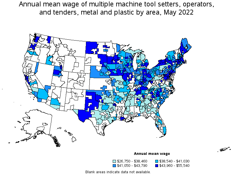 Map of annual mean wages of multiple machine tool setters, operators, and tenders, metal and plastic by area, May 2022