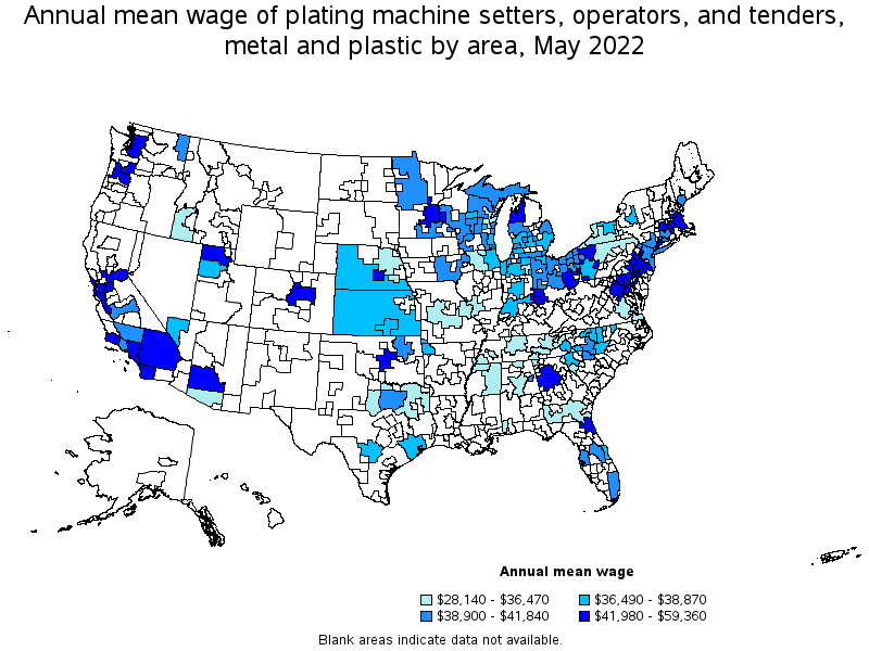 Map of annual mean wages of plating machine setters, operators, and tenders, metal and plastic by area, May 2022