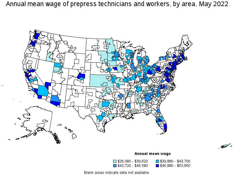 Map of annual mean wages of prepress technicians and workers by area, May 2022