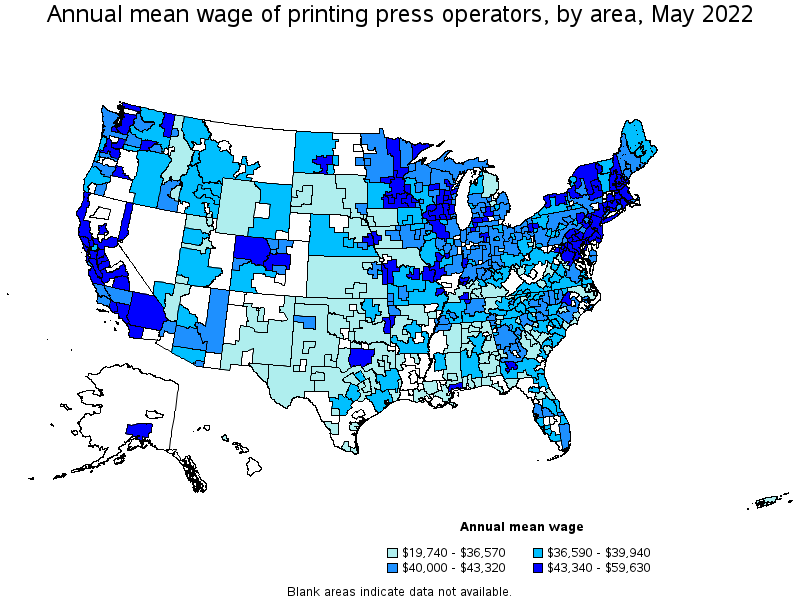 Map of annual mean wages of printing press operators by area, May 2022