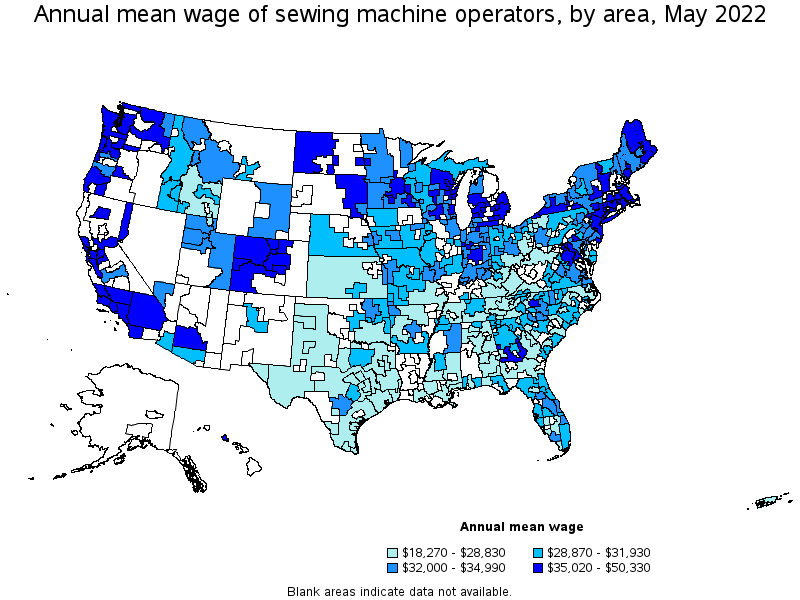 Map of annual mean wages of sewing machine operators by area, May 2022