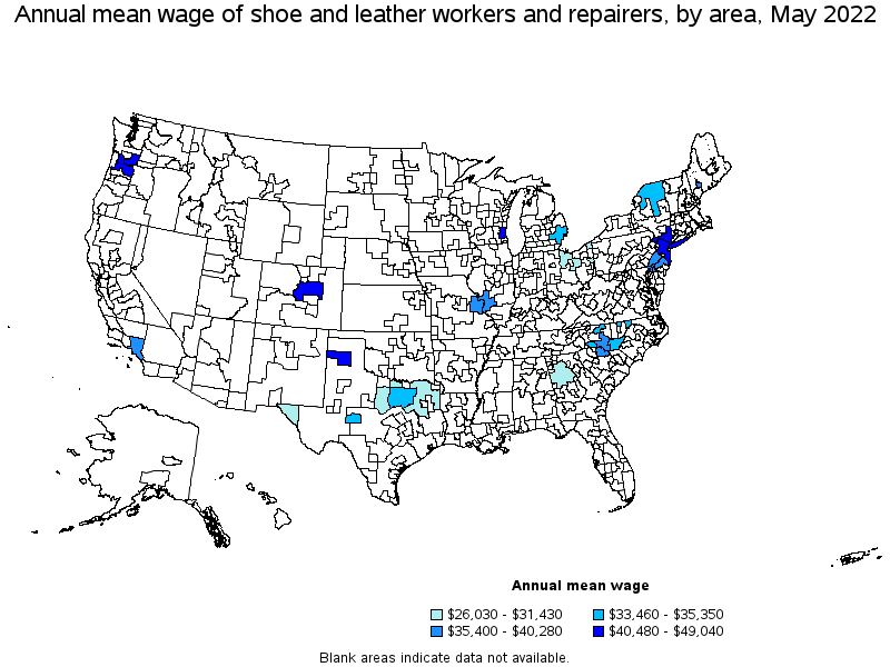 Map of annual mean wages of shoe and leather workers and repairers by area, May 2022
