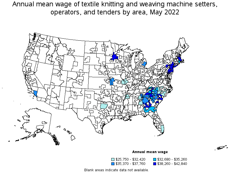 Map of annual mean wages of textile knitting and weaving machine setters, operators, and tenders by area, May 2022