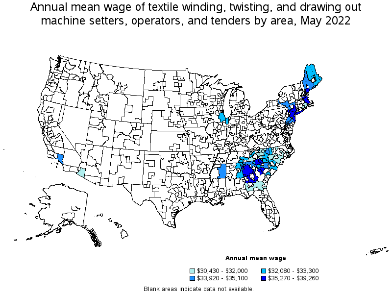 Map of annual mean wages of textile winding, twisting, and drawing out machine setters, operators, and tenders by area, May 2022