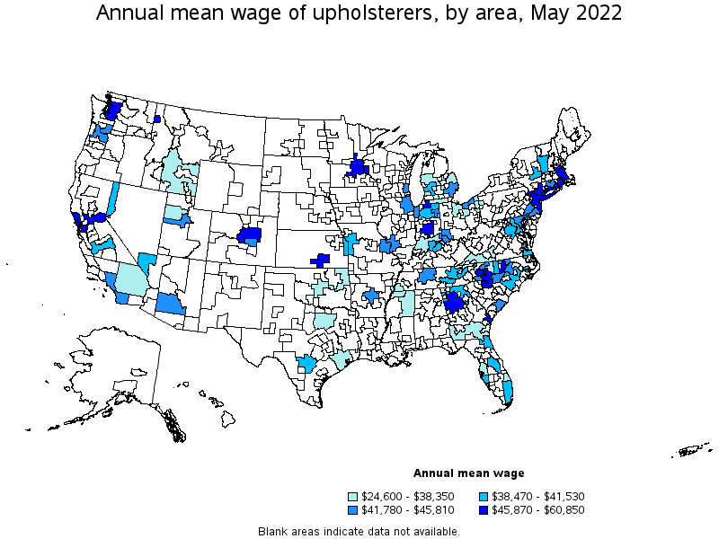 Map of annual mean wages of upholsterers by area, May 2022
