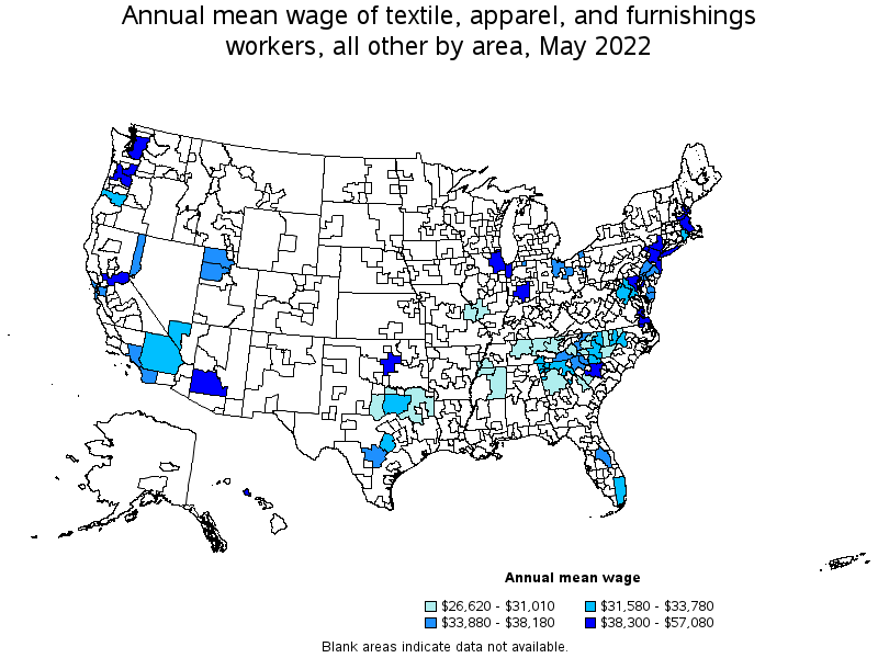 Map of annual mean wages of textile, apparel, and furnishings workers, all other by area, May 2022
