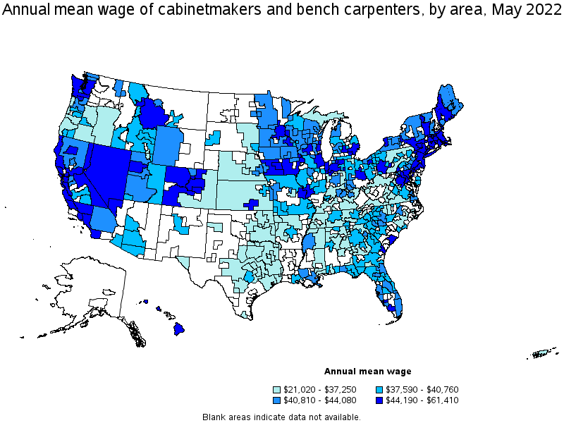 Map of annual mean wages of cabinetmakers and bench carpenters by area, May 2022