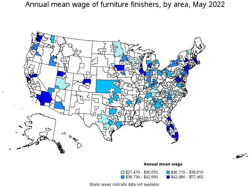 Map of annual mean wages of furniture finishers by area, May 2022