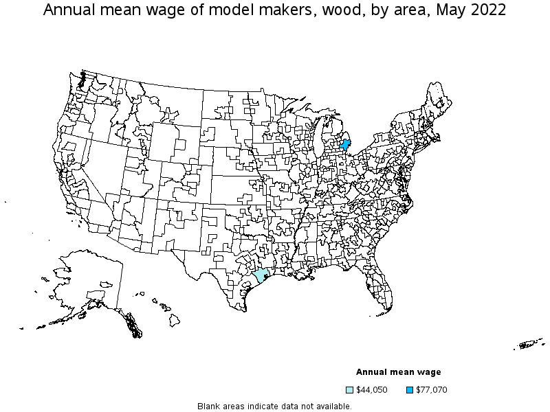 Map of annual mean wages of model makers, wood by area, May 2022