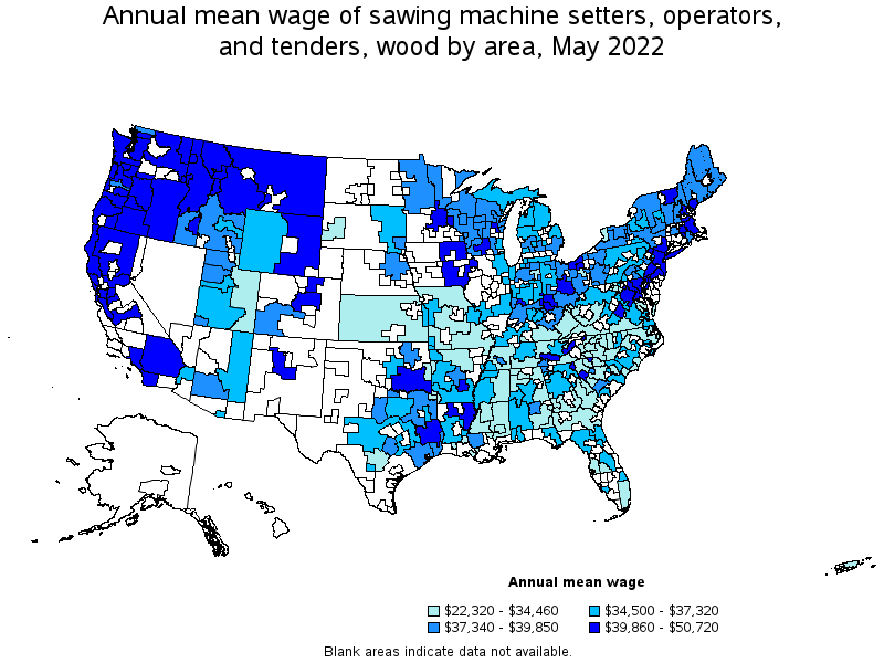 Map of annual mean wages of sawing machine setters, operators, and tenders, wood by area, May 2022