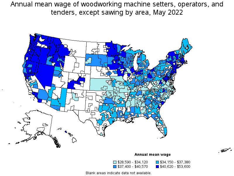 Map of annual mean wages of woodworking machine setters, operators, and tenders, except sawing by area, May 2022