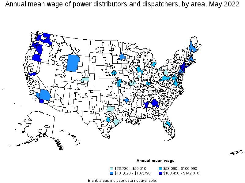 Map of annual mean wages of power distributors and dispatchers by area, May 2022
