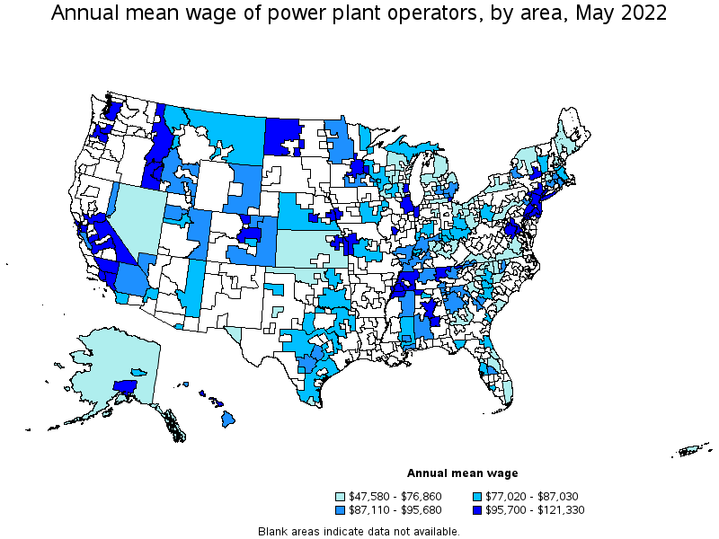 Map of annual mean wages of power plant operators by area, May 2022