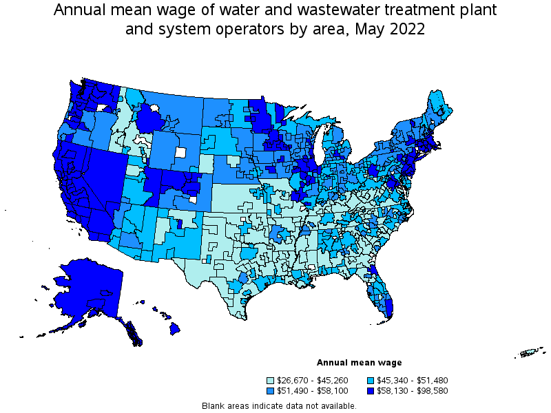 Map of annual mean wages of water and wastewater treatment plant and system operators by area, May 2022