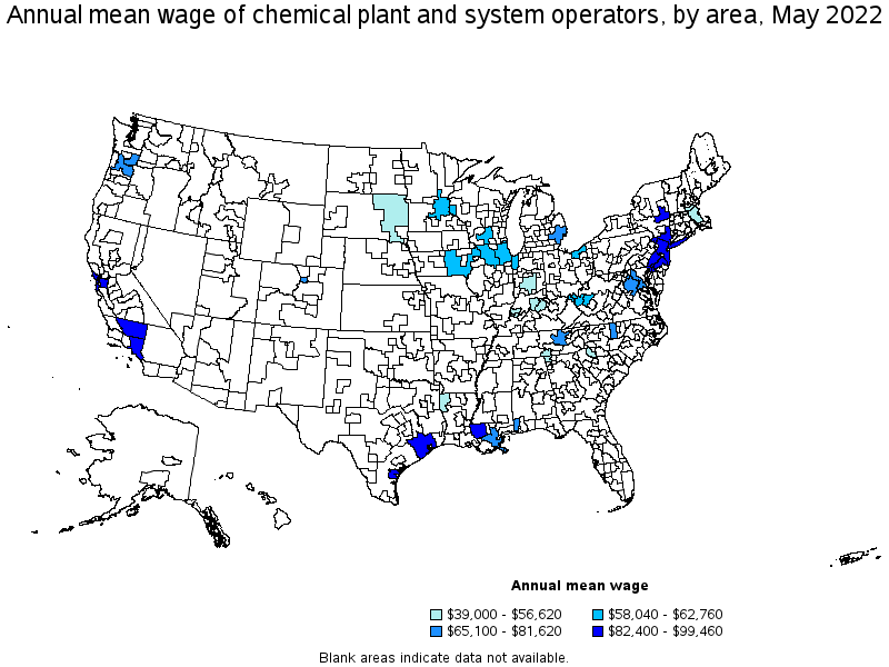 Map of annual mean wages of chemical plant and system operators by area, May 2022
