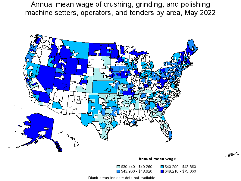 Map of annual mean wages of crushing, grinding, and polishing machine setters, operators, and tenders by area, May 2022