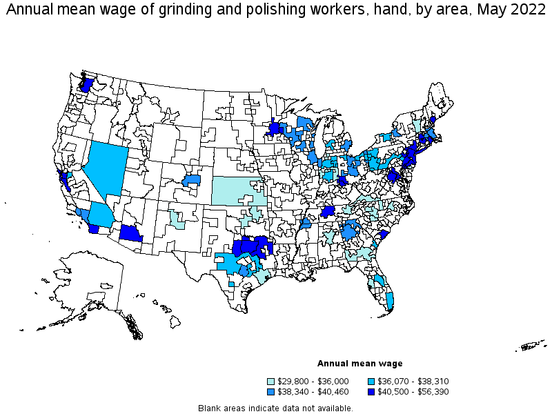 Map of annual mean wages of grinding and polishing workers, hand by area, May 2022