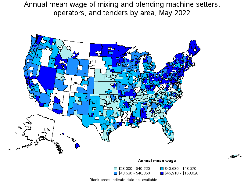 Map of annual mean wages of mixing and blending machine setters, operators, and tenders by area, May 2022