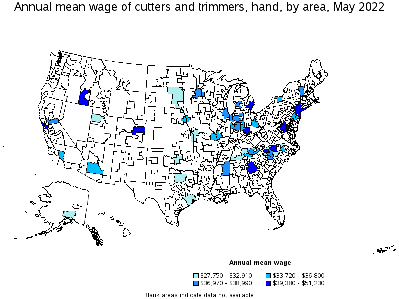 Map of annual mean wages of cutters and trimmers, hand by area, May 2022