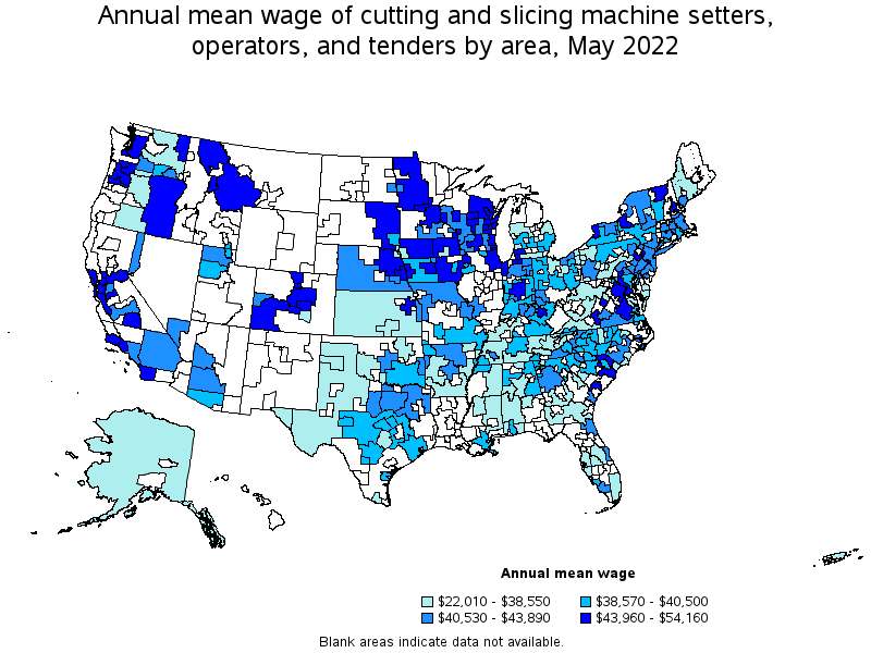 Map of annual mean wages of cutting and slicing machine setters, operators, and tenders by area, May 2022