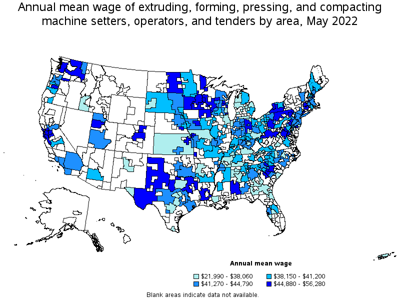 Map of annual mean wages of extruding, forming, pressing, and compacting machine setters, operators, and tenders by area, May 2022