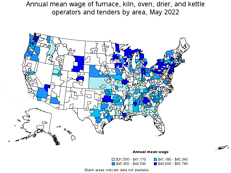 Map of annual mean wages of furnace, kiln, oven, drier, and kettle operators and tenders by area, May 2022