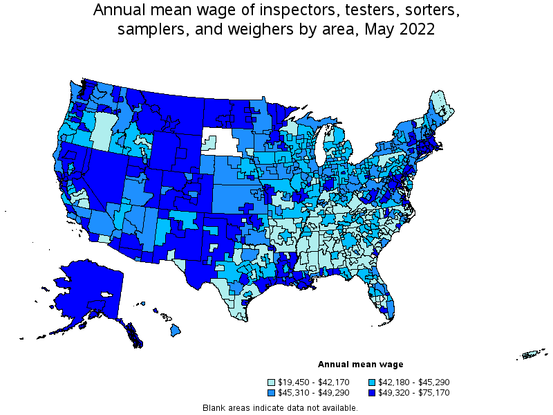 Map of annual mean wages of inspectors, testers, sorters, samplers, and weighers by area, May 2022
