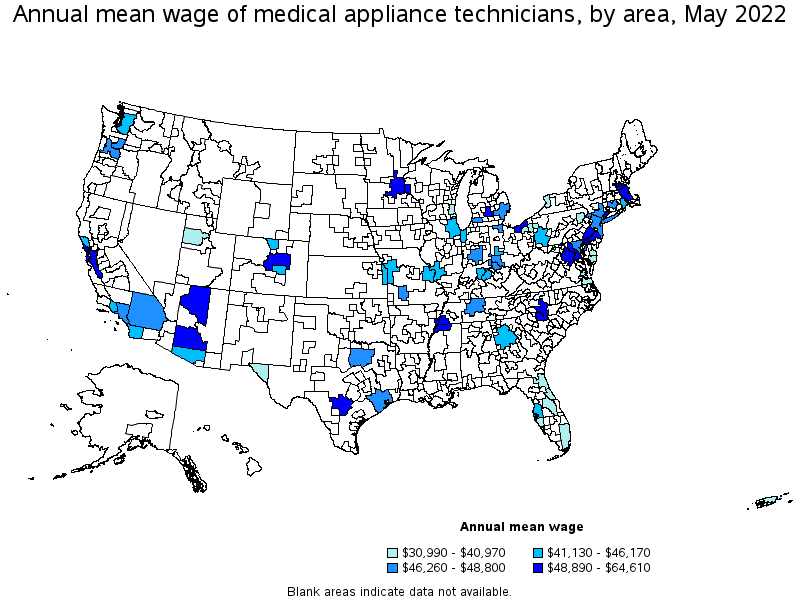 Map of annual mean wages of medical appliance technicians by area, May 2022
