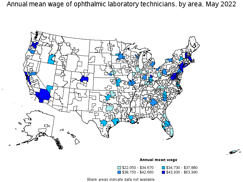 Map of annual mean wages of ophthalmic laboratory technicians by area, May 2022
