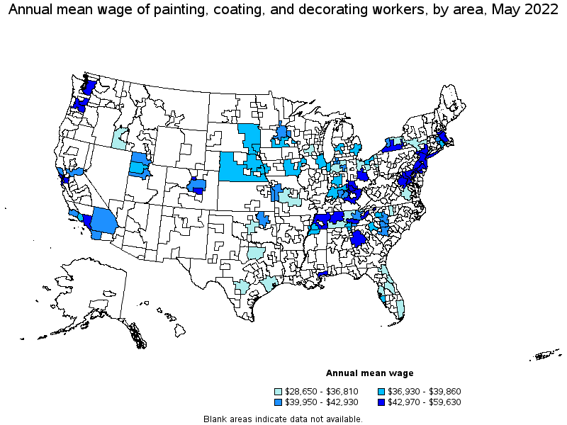 Map of annual mean wages of painting, coating, and decorating workers by area, May 2022