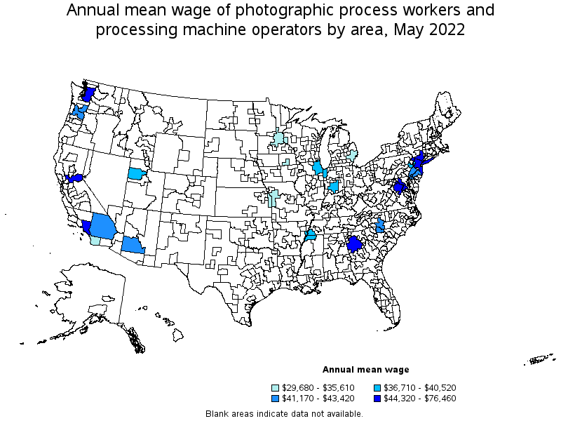 Map of annual mean wages of photographic process workers and processing machine operators by area, May 2022