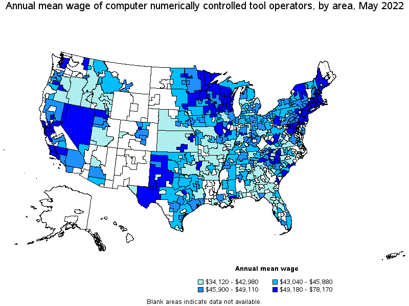 Map of annual mean wages of computer numerically controlled tool operators by area, May 2022