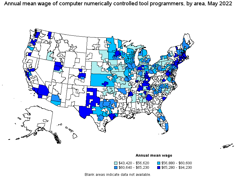 Map of annual mean wages of computer numerically controlled tool programmers by area, May 2022