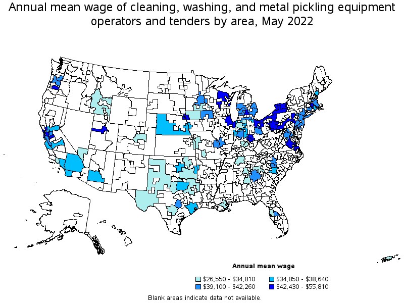 Map of annual mean wages of cleaning, washing, and metal pickling equipment operators and tenders by area, May 2022