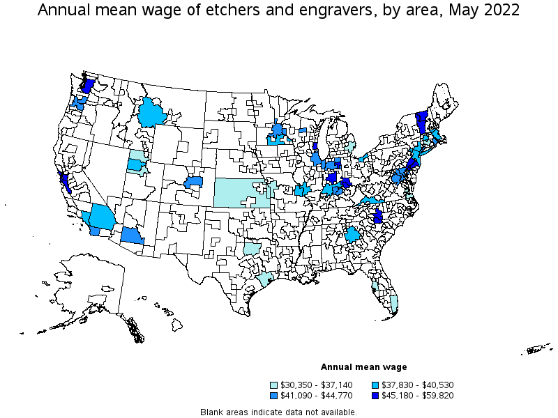 Map of annual mean wages of etchers and engravers by area, May 2022