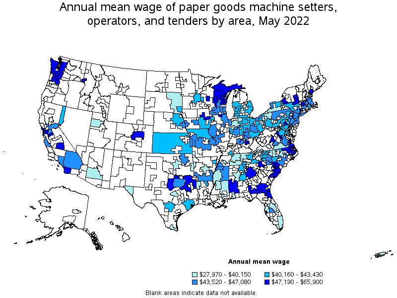 Map of annual mean wages of paper goods machine setters, operators, and tenders by area, May 2022